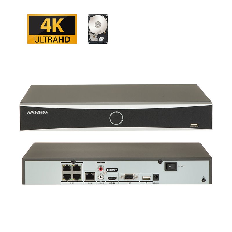 Hikvision NVR Registratore IP 4 Canali PoE 12Mp acusense + Hard disk 1Tb - DS-7604NXI-K1/4P