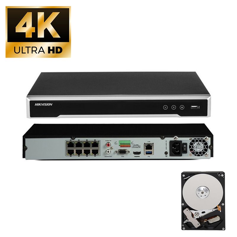 Hikvision NVR 8 canali 8MP 4K ultra hd + HDD 1Tb con 8 porte Poe - DS-7608NI-K2/8P